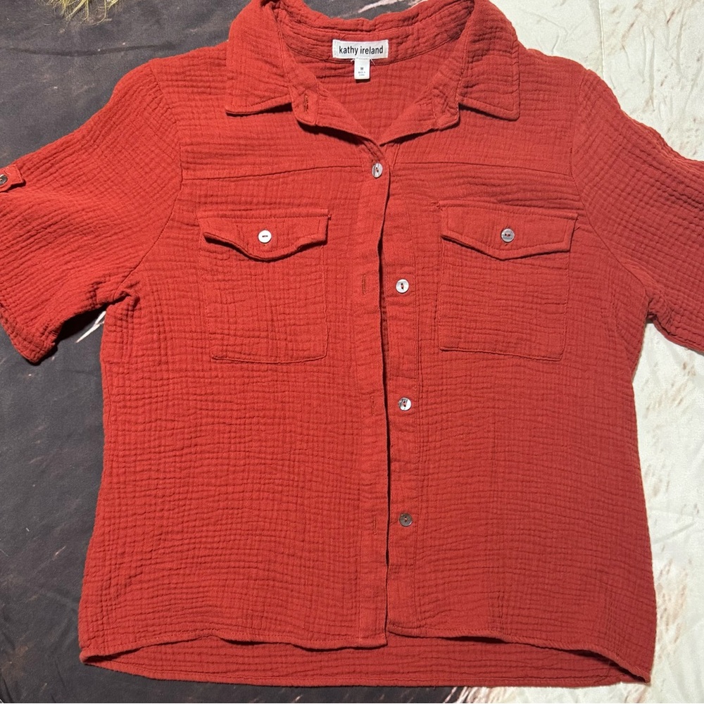 Kathy Ireland Women's Red Button-Up Top and shorts